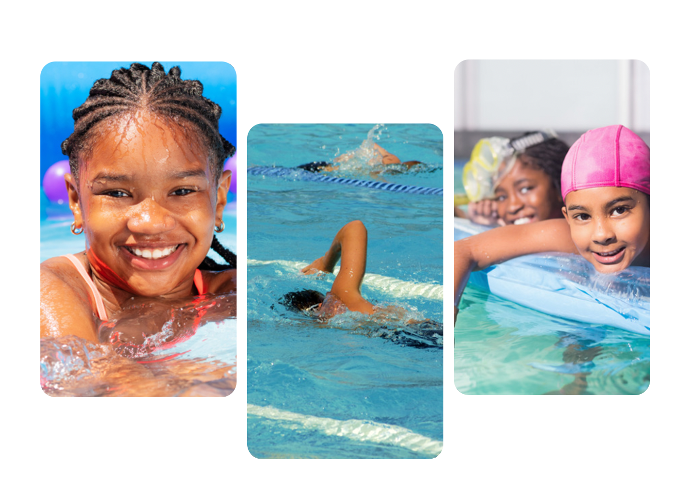 A collage of children swimming in the pool.