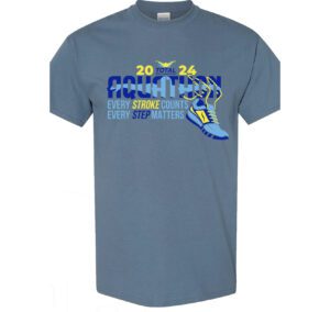 A blue t-shirt with the words " 2 0 1 6 boston marathon " on it.